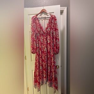 Chelsea & Violet Red Floral V-Neck Long-Sleeve Maxi Dress